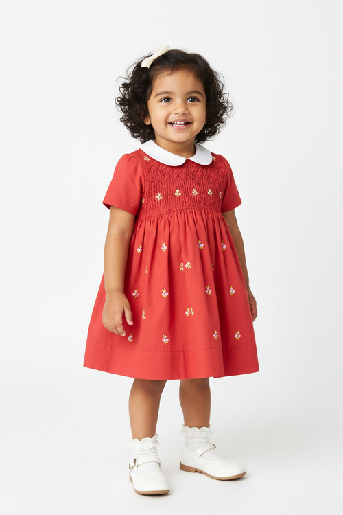 Indian Toddler Girl in Coral Smocked Frock