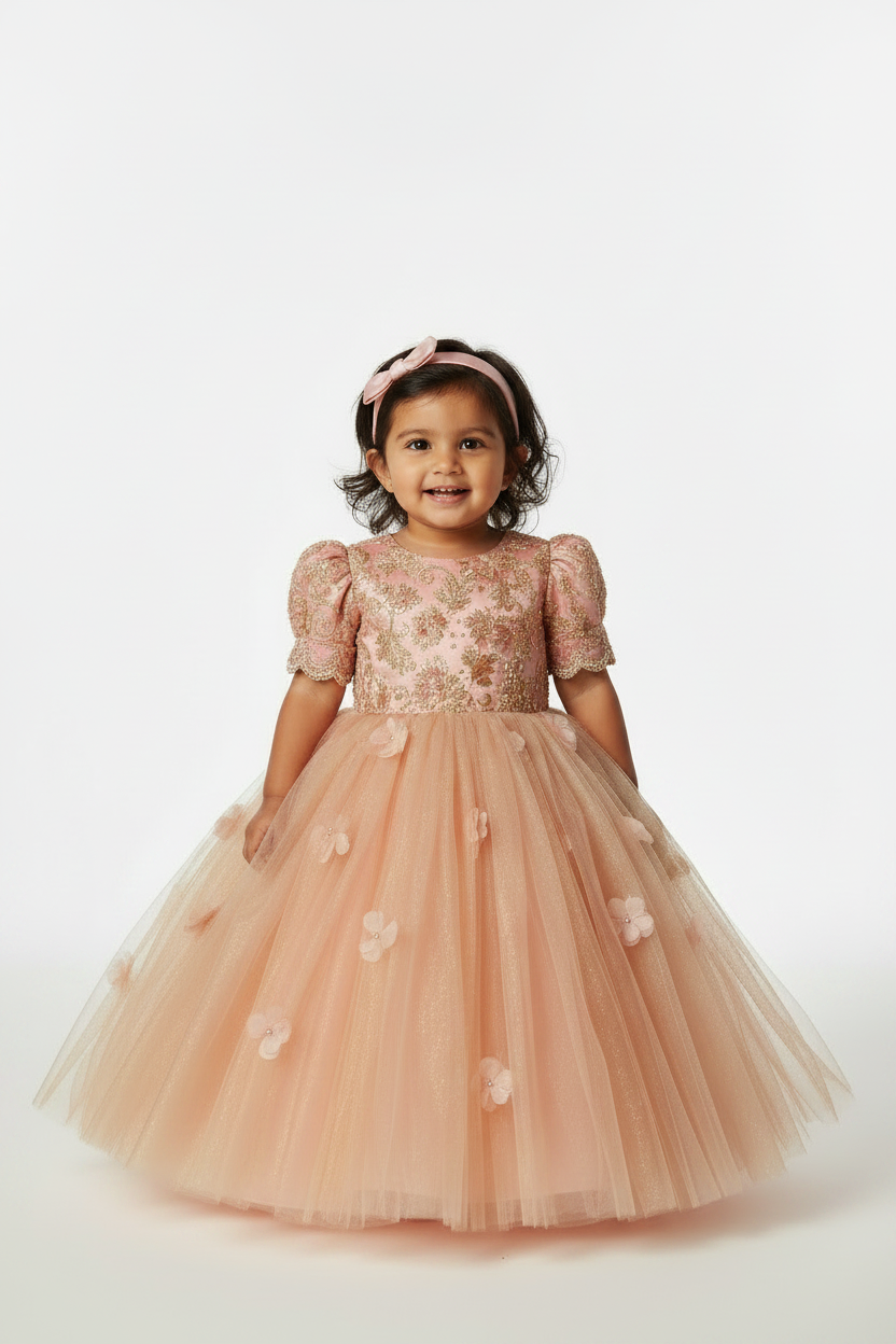 Indian Toddler Girl in Peach & Gold Party Dress