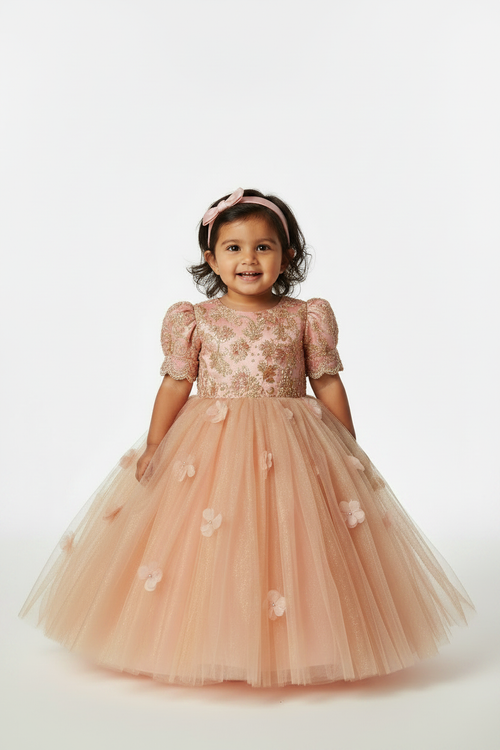 Indian Toddler Girl in Peach & Gold Party Dress