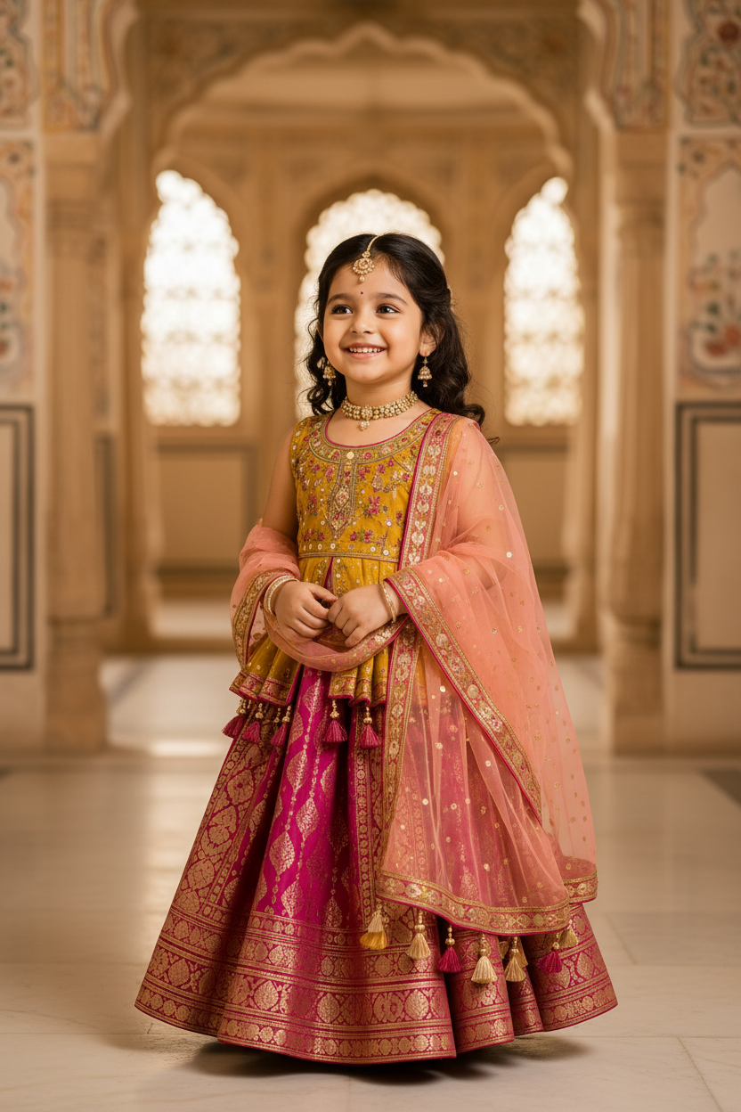Traditional North Indian Girl Lehenga - Mustard & Rani Pink
